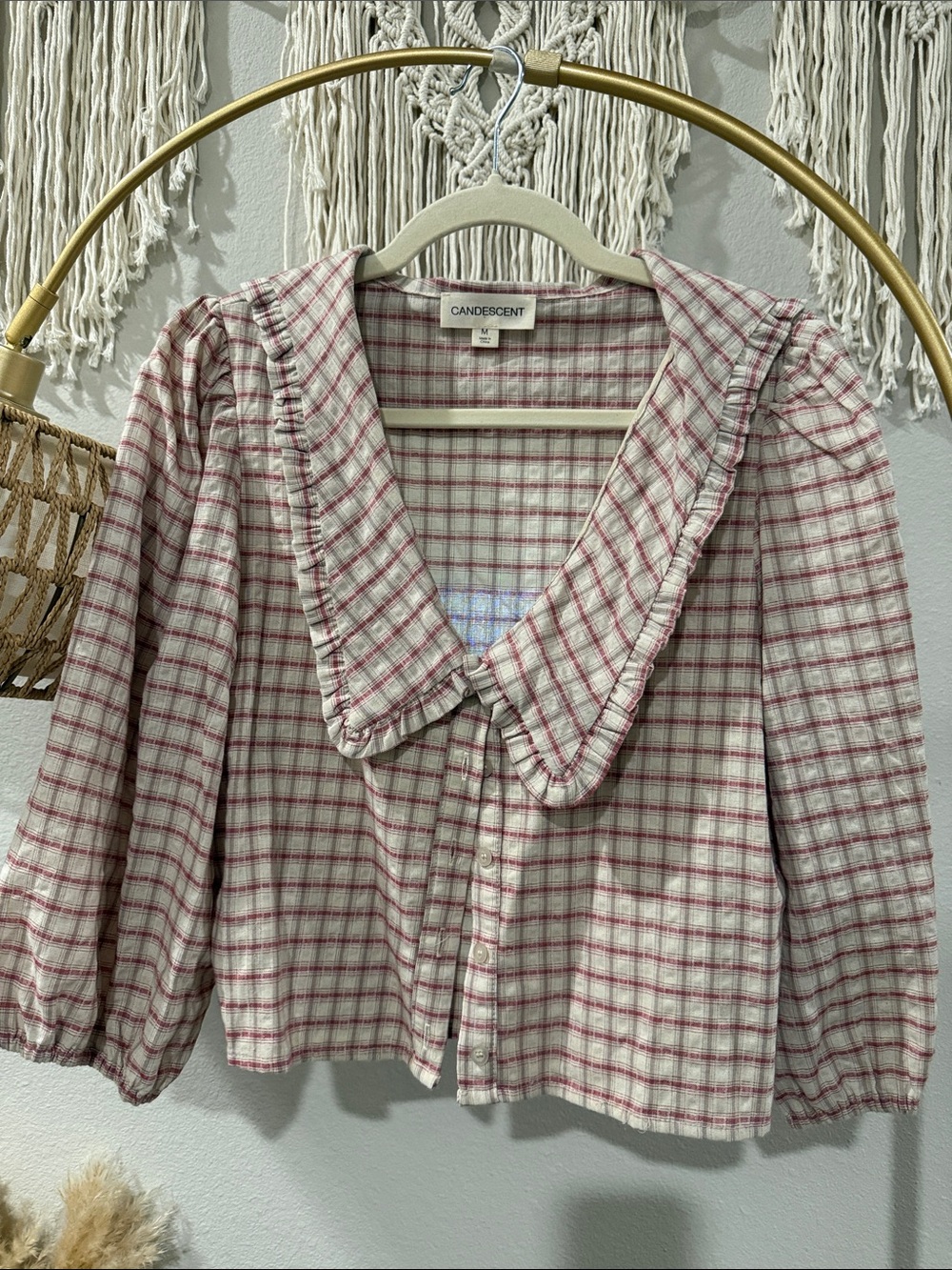 Pink Plaid Ruffle Collar Button-Front Top